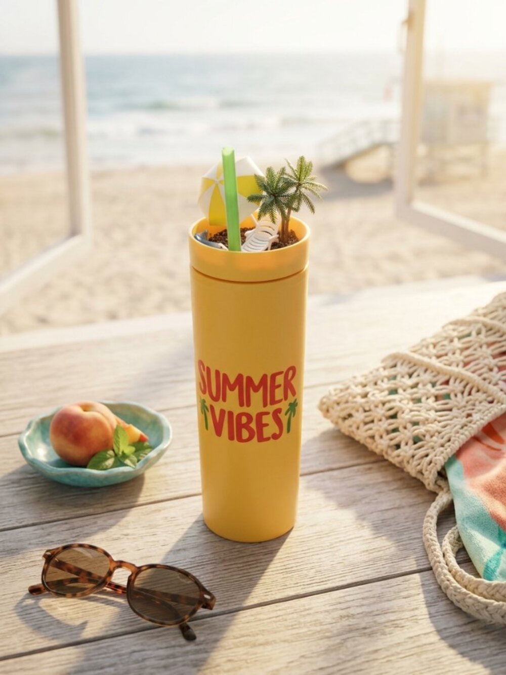 Summer Vibes Yellow Tumbler Cup | Tropical Straw Drinkware